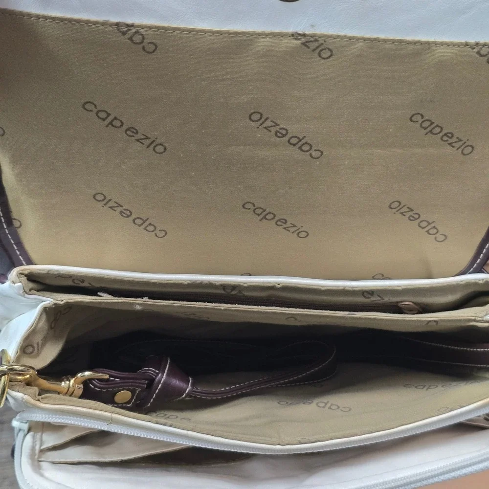 Capezio Vintage White Brown Two Tone Satchel Crossbody Bag Gold Hardware